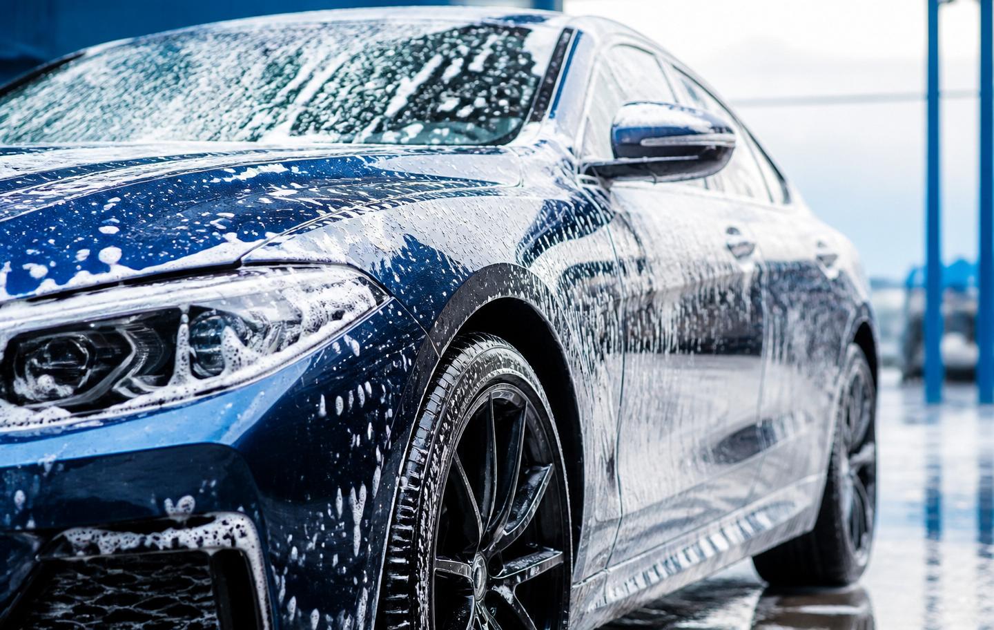 Carro sendo lavado profissionalmente com espuma e água